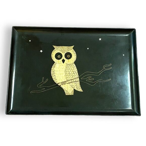 Vintage Couroc Owl Starry Night Black Serving Tray Barware Large - Picture 6 of 6
